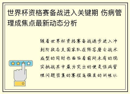 世界杯资格赛备战进入关键期 伤病管理成焦点最新动态分析